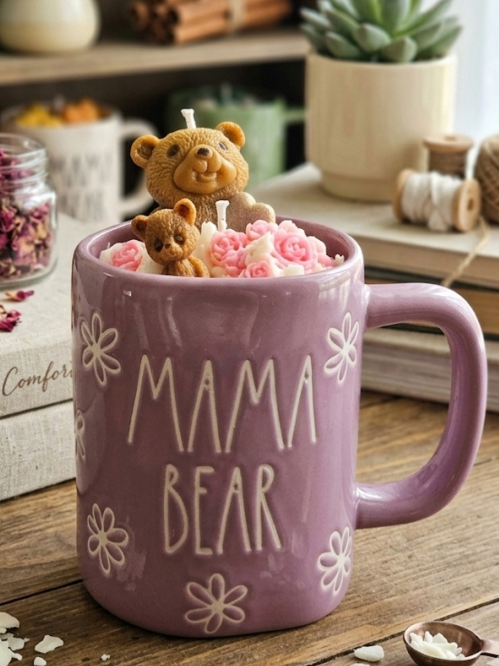 Mama Bear Pink Rae Dunn Mug Soy Wax Candle Scent Belgian Pecan Waffle 18 oz